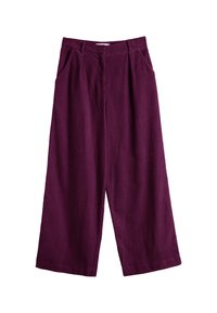 Paarse corduroy-broeken met wijde pijpen, zijzakken en een elastische tailleband, cropped lengte op een witte achtergrond.