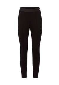 Schwarz taillierte Leggings mit hohem elastischem Bund und subtilen vertikalen Nähten auf der Vorderseite, ohne sichtbare Logos, außer am Taillenbund.