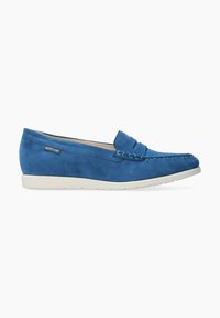Mocassin en suède bleu avec un design texturé, présentant un détail de couture surélevé sur la pointe et une semelle en caoutchouc blanche.