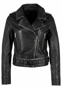 Schwarze Leder-Motorradjacke mit silbernen Beschlägen, asymmetrischen Reißverschlüssen, einem taillierten Bund und spitzem Kragen. Verfügt über zwei Reißverschlusstaschen.