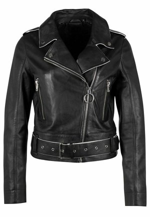 Veste de moto en cuir noir avec des accessoires en métal argenté, des fermetures éclair asymétriques, une taille ceinturée et un col pointu. Comprend deux poches zippées.