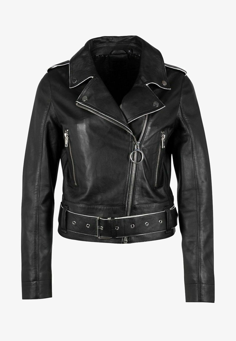Veste de moto en cuir noir avec des accessoires en métal argenté, des fermetures éclair asymétriques, une taille ceinturée et un col pointu. Comprend deux poches zippées.