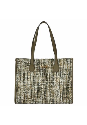 Rektangulær totes taske med mønster i grøn og brun tweed, olivengrønne læderhåndtag og guld "GUESS" logo på midten foran.