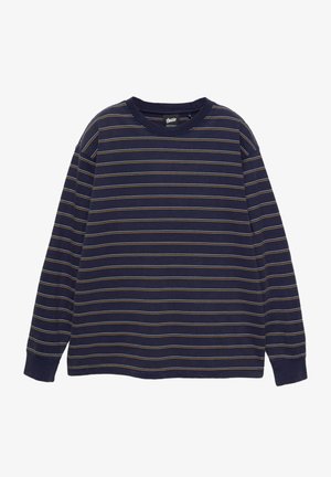 Camicia a maniche lunghe blu navy con righe orizzontali gialle, scollo rotondo e vestibilità svasata. Realizzata in cotone morbido con polsini a costine.