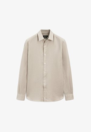 Beige overhemd met lange mouwen en een button-down kraag, vervaardigd uit gestructureerde stof, met een voorkant met witte knopen en een afgeronde zoom.