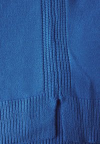 Pull en tricot d'un bleu éclatant, présentant une texture côtelée aux poignets et un corps lisse. Aucun motif ou matériel unique visible.