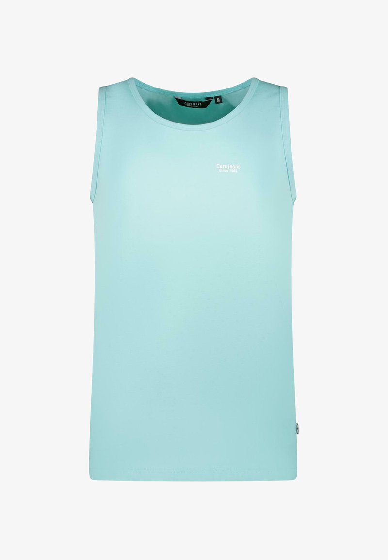 Lichtblauw mouwloos t-shirt van zacht materiaal. Voorzien van een ronde hals en een klein wit logo op de borst. Rechte onderkant en zonder patronen.