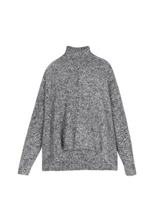 Sivkasta melirana pletena jopica z visokim ovratnikom in dolgimi rokavi, ki ima sproščen kroj in rebrane detajle.