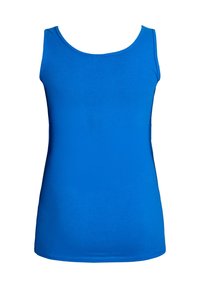 Plava bezrukava majica od glatke pamučne tkanine; ima okrugli izrez i prilagođen oblik s jednostavnim dizajnom.