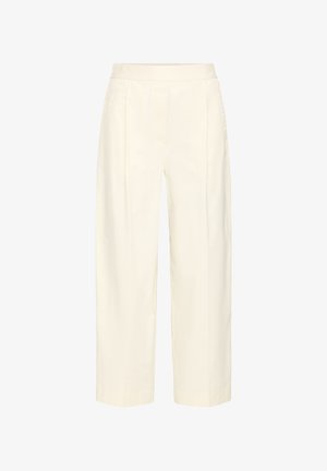 Krémové nohavice na vysoký pás so strihaným strihom, rovnými nohavicami a jemnými záhybmi na prednej strane.