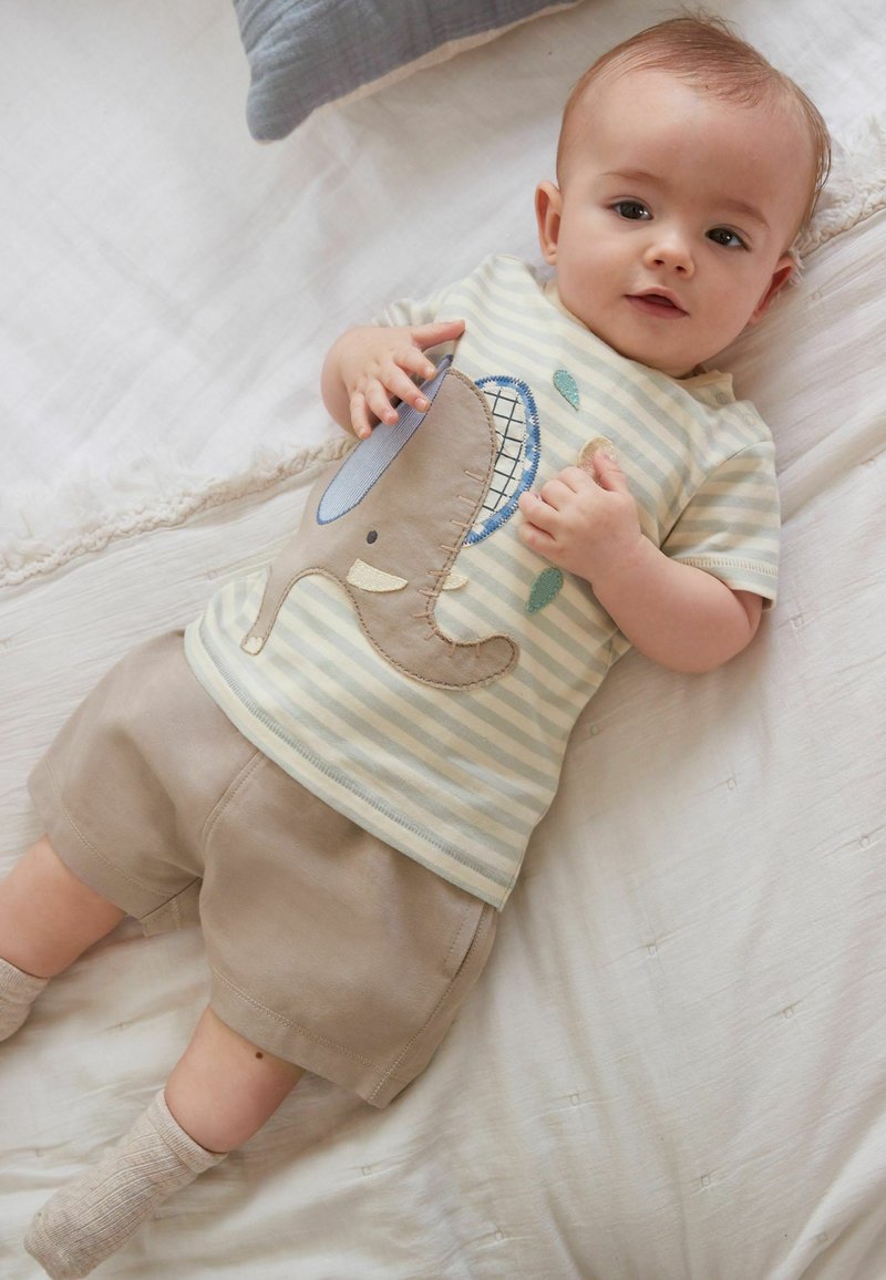 Babyhug 100% Cotton Single Jersey Knit Sando & Shorts Set With Elephant Print - Yellow & Navy Blue