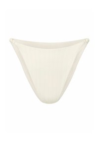 Jasnobeżowe bikini o niskim stanie, z prążkowaną fakturą i minimalnym zakryciem. Posiada gładkie krawędzie oraz dyskretne szwy boczne.