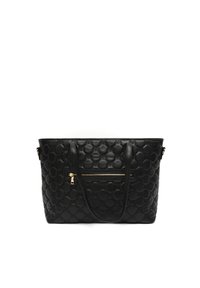 Sac fourre-tout en cuir noir avec un motif bulle texturé, deux poignées pour l'épaule, une poche zippée à l'avant et des accents en métal doré.