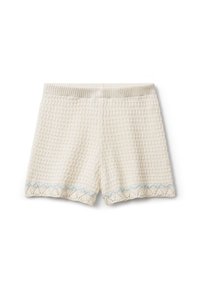 Shorts bianchi a maglia strutturata con vita elasticizzata a coste e dettagli in pizzo blu chiaro a forma di scallop lungo l'orlo.