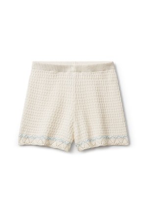 Shorts bianchi a maglia strutturata con vita elasticizzata a coste e dettagli in pizzo blu chiaro a forma di scallop lungo l'orlo.