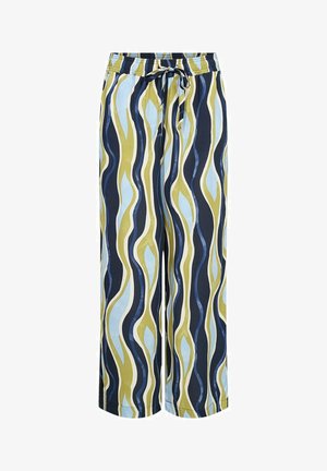 Wijde broek met elastische taille en koord, met golvende verticale strepen in blauw, marine, olijfgroen en crèmekleuren op een lichte achtergrond.