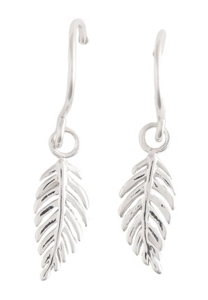 Silver dangle earrings with detailed feather-shaped charms hanging from simple hooks on a white background.