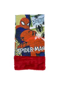 Spider-Man fleecedeken met levendige kleuren, een cartoonontwerp, met een rode pluche onderzijde en grafische tekst die "SPIDER-MAN" zegt.