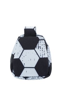 Pouch per mini pallone da calcio con motivo esagonale in bianco e nero, realizzato in tessuto resistente, dotato di un anello superiore per un trasporto facile.