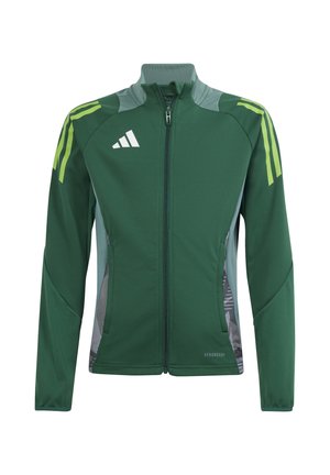 Groene sportjack met grijze accenten, ritssluiting aan de voorkant, lange mouwen en drie gestreepte details. Bevat mesh zijpanelen en een logo.