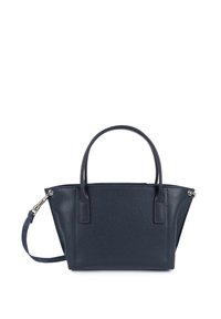 Sac à main en cuir marine avec deux anses supérieures, une bandoulière amovible et une finition texturée. Comprend quincaillerie en argent et des coutures contrastées.