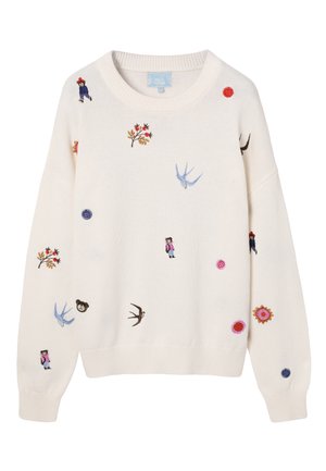 Kremowy sweter z kolorowymi, haftowanymi motywami, w tym ptakami, kwiatami i postaciami. Dzianina o fakturze oraz ściągacze na rękawach i dole.