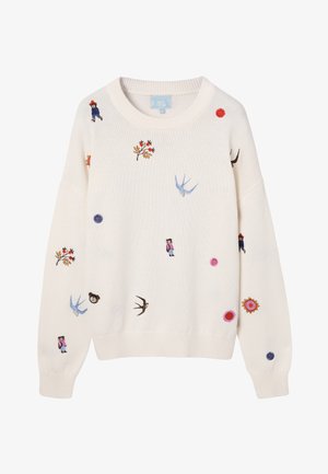 Kermanvärinen villapaita, jossa värikkäitä kirjailtuja kuvioita, kuten lintuja, kukkia ja hahmoja. Teksturoidulla neuloksella ja resorireunuksilla hihoissa ja helmassa.