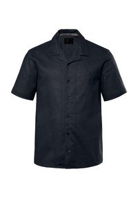 Camisa de manga corta de color azul marino oscuro, hecha de lino, con un botón en la parte delantera, cuello plano y logo bordado en el pecho.