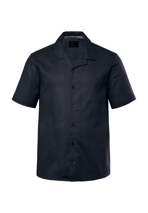 Krátký rukáv tmavě námořnické košile z lnu, s knoflíkovým zapínáním, plochým límečkem a vyšitou logem na hrudi.