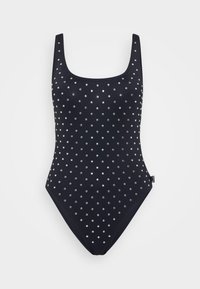 Black one-piece swimsuit with a scoop neckline, adorned with silver studs arranged in a dotted pattern across the fabric. Soft texture.