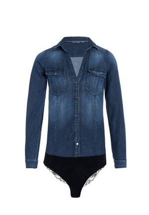 Body koszulowe z długim rękawem z denimu, z zapięciem na guziki z przodu, dwoma kieszeniami na piersi i dolnym panelem wykończonym czarną koronką.