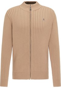 Cárdigan beige de canalé con un cuello alto, mangas de longitud completa y un cierre zipper en el frente. Presenta un pequeño logotipo en el lado izquierdo del pecho.