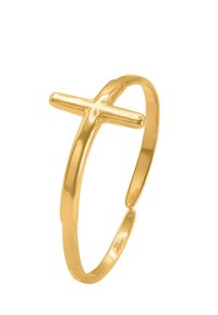 Bague en or présentant un design de croix minimaliste. L'anneau est lisse et élancé, avec une finition polie et une extrémité ouverte pour un enfilage facile.