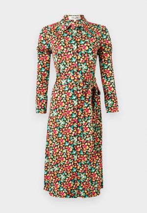 Rochie midi cu mâneci lungi, nasturi și model floral multicolor, cu cordon în talie, pe fundal închis, cu guler.