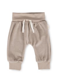 Beige Kinder-Jogginghose aus weichem Stoff, mit einem gerippten Bund und Bündchen sowie einer Kordel zur Anpassung.