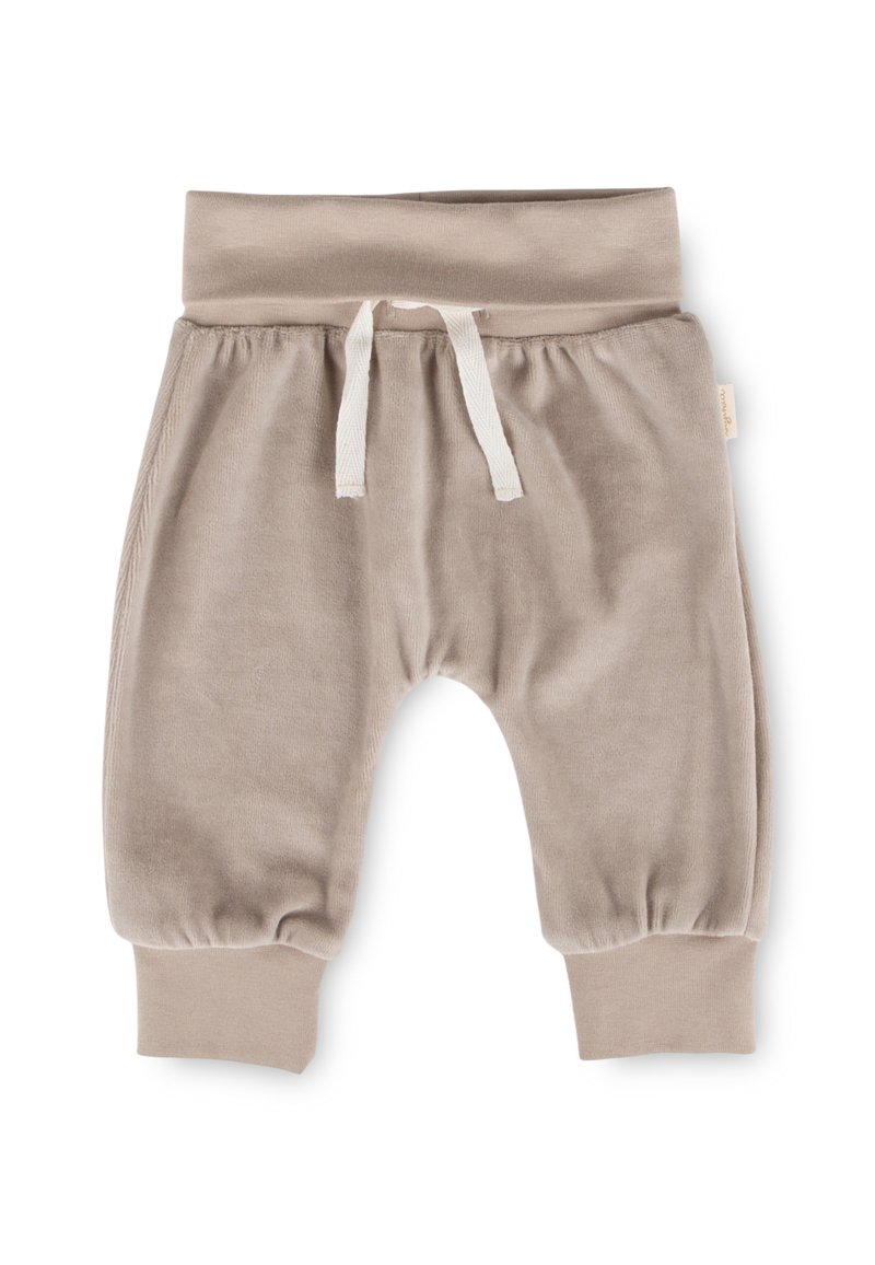 Beige Kinder-Jogginghose aus weichem Stoff, mit einem gerippten Bund und Bündchen sowie einer Kordel zur Anpassung.