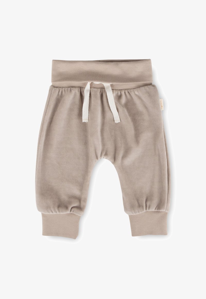 Beige Kinder-Jogginghose aus weichem Stoff, mit einem gerippten Bund und Bündchen sowie einer Kordel zur Anpassung.