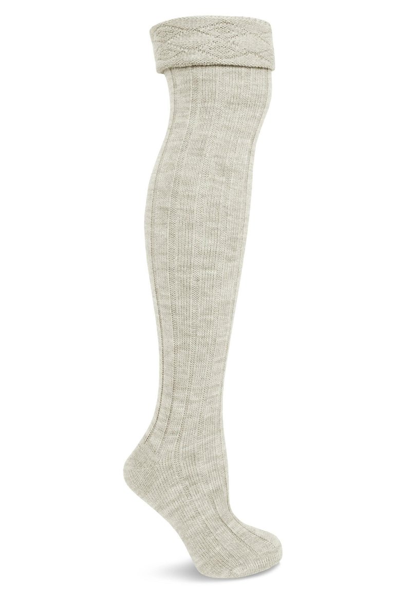 Kniestrümpfe in Hellgrau mit strukturiertem Strickmuster und umgeschlagenem Bündchen oben. Weiches Material mit glatter Oberfläche.