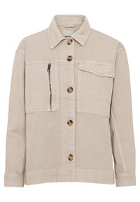 Beżowa kurtka wykonana z bawełnianej mieszanki tkanin, z kołnierzem, guzikami z przodu, zasuwaną kieszenią oraz kieszenią na piersi. Teksturowane wykończenie.