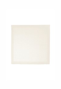 Tessuto di colore crema chiaro, forma quadrata, con una sottile texture a motivo e un bordo a contrasto lungo i lati.