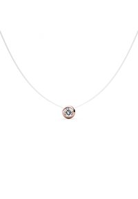 Collana d'argento con filo trasparente e ciondolo circolare in oro rosa, caratterizzato da un cristallo trasparente centrale. Design semplice ed elegante.