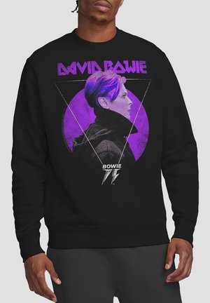 Black sweatshirt featuring a graphic of a profile of a person with purple hair, geometric elements, and the text "DAVID BOWIE" in purple.