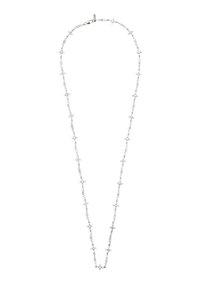 Collana a catena d'argento con elementi circolari e a forma di fiore collegati, ciascuno decorato con piccoli pietre preziose trasparenti, chiusura con fermaglio sicuro.