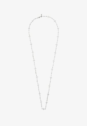 Collana a catena d'argento con elementi circolari e a forma di fiore collegati, ciascuno decorato con piccoli pietre preziose trasparenti, chiusura con fermaglio sicuro.