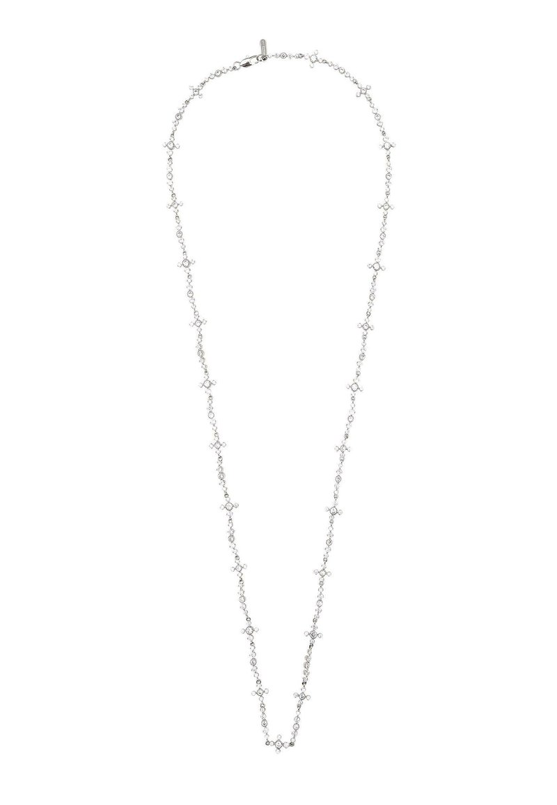 Srebrny naszyjnik z łańcuszkiem, złożony z połączonych okrągłych i kwiatowych akcentów, każdy ozdobiony małymi, przezroczystymi kamieniami szlachetnymi, z bezpiecznym zapięciem.