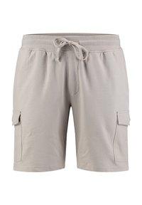 Shorts cargo gris clair en tissu doux. Dotés d'une ceinture élastique avec cordon de serrage et de deux poches latérales. Design simple et fonctionnel.