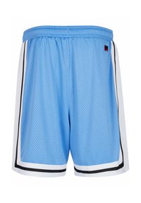 Pantaloni scurți din plasă de culoare albastru deschis, cu talie elastică, panouri laterale albe și dungi verticale negre pentru detalii. Prezintă o textură respirabilă.
