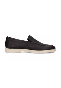 Scarpe slip-on in pelle nera con punta arrotondata, texture liscia e suola in gomma beige a contrasto. Design minimalista, senza hardware visibile.