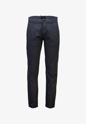 Navyblå chinos lavet af bomuld med en glat tekstur, der har en klassisk pasform, enkeltknaplukning og sidelommer.