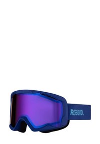 Skibril met een blauwe rand, paarse getinte lens en een donkere band met het "ROSSIGNOL" logo. Ventilatiegaten zijn zichtbaar aan de bovenkant.